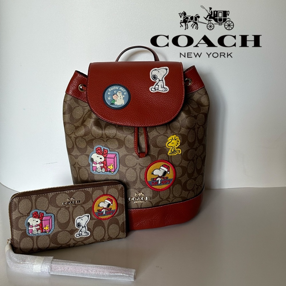 NWT COACH Snoopy PEANUT DEMPSEY Drawstring Backpack Signature Canvas wallet Set